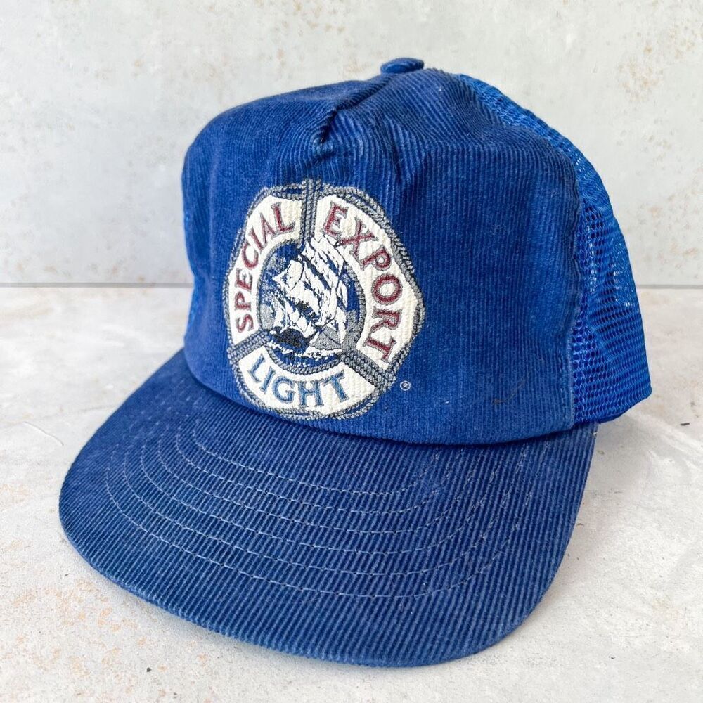 Vintage 80’s special export beer blue corduroy mesh trucker hat